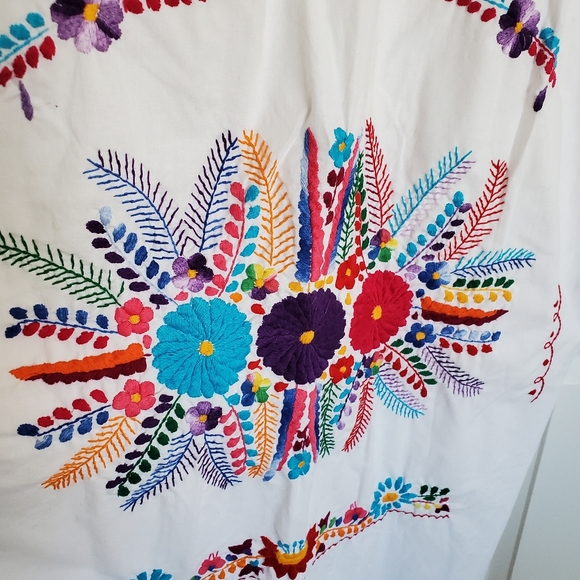 Vintage Mexican Colorful Rainbow Flower Embroider White Cotton Maxi House Dress - Picture 11 of 16